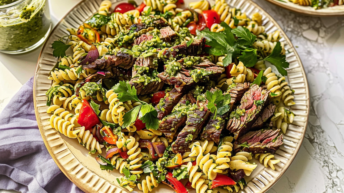 grilled steak and chimichurri pasta salad