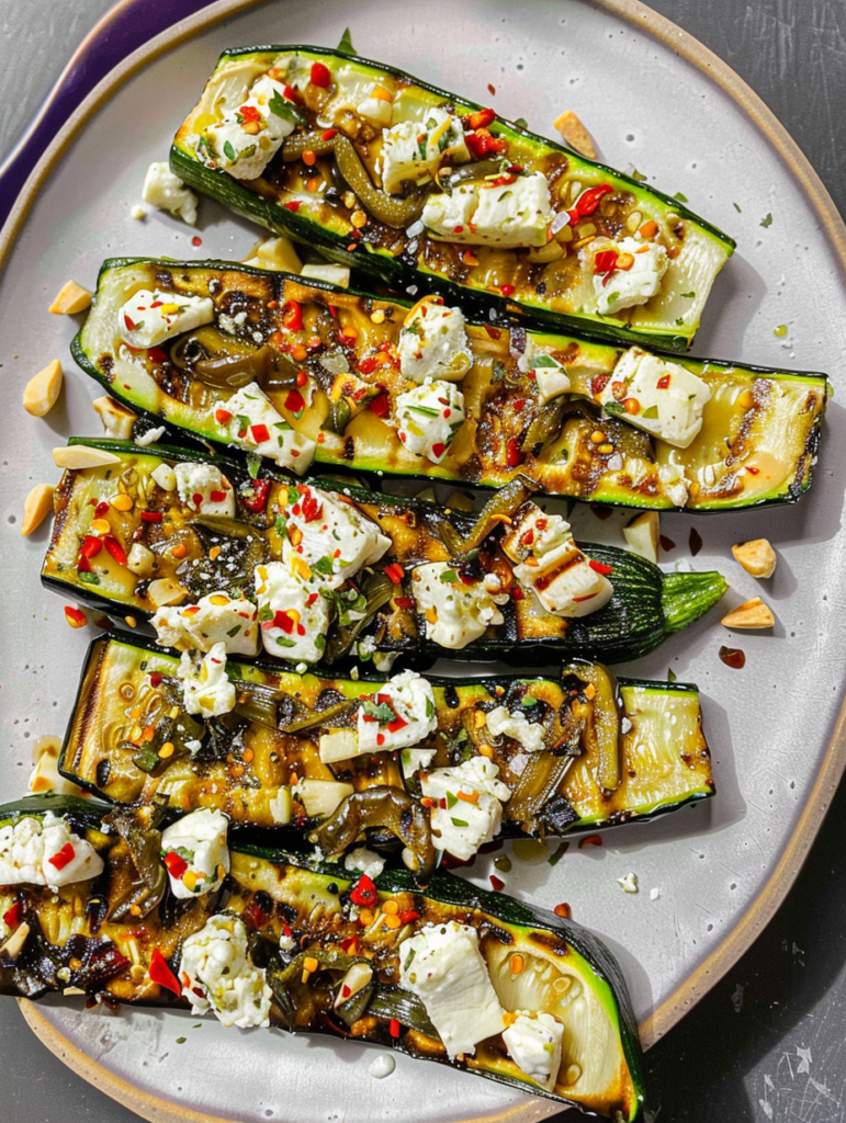 grilled zucchini with calabrian chiles, goat cheese, and pepitas